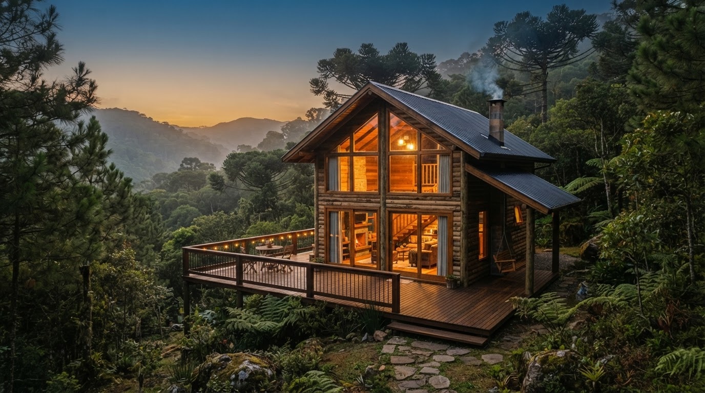 Segunda cabana na floresta ao entardecer