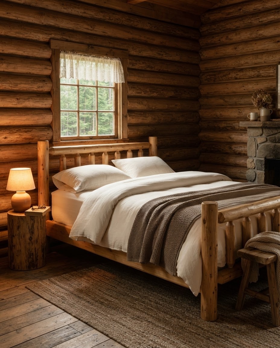 Interior da cabana na floresta com cama artesanal